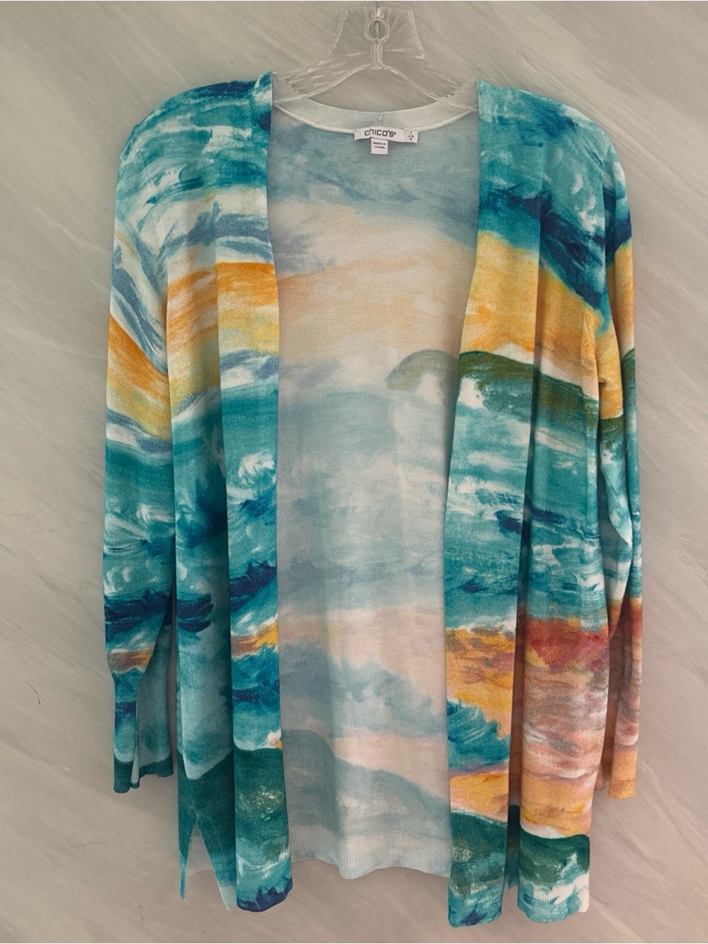 Chico’s 1 (M) Multicolor Watercolor Lux Open Front Knit Cardigan Sweater Beachy